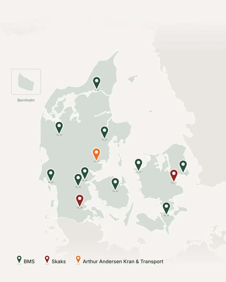 Kort over BMS, Skaks og Arthur Andersen Kran og Transports afdelinger i Danmark