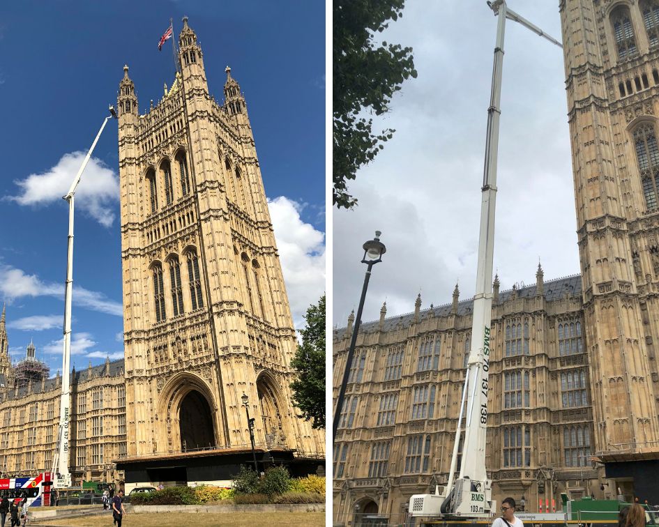 Lastbilmonteret lift arbejder ved Westminster-tårnet i London under bygningsreparation