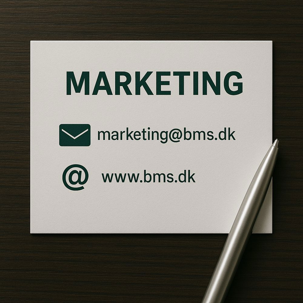 Kontaktkort med mail- og webadresse til BMS' marketingafdeling